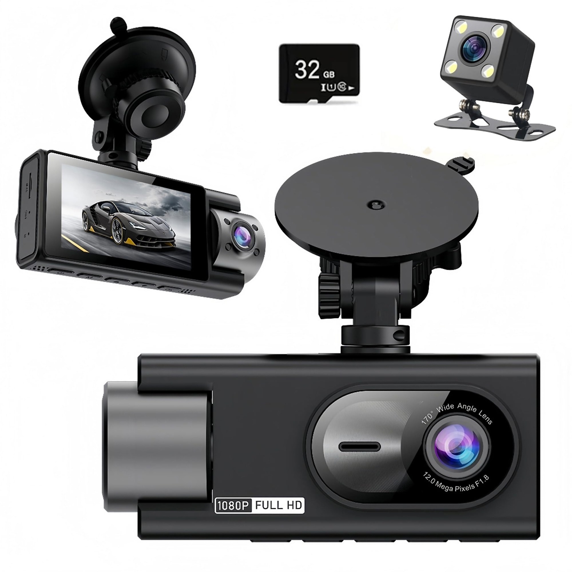 3 Channel 360 Dash Cam with Night Vision and 170° Wide Angle